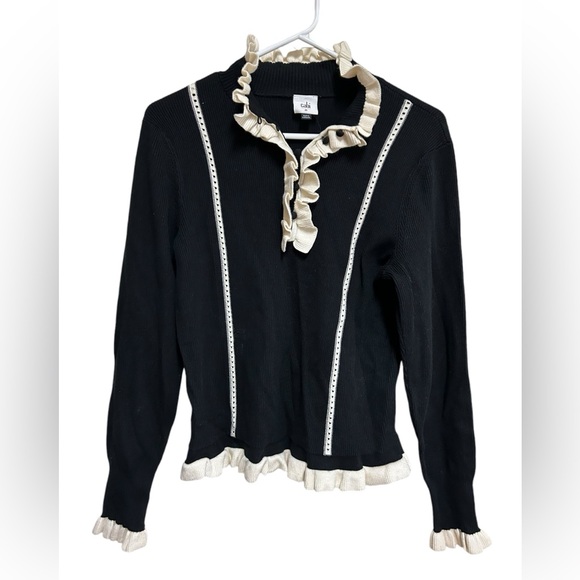 CAbi Adorn sweater Black Ribbed Ivory Ruffle Collar size medium NWT - Picture 2 of 7